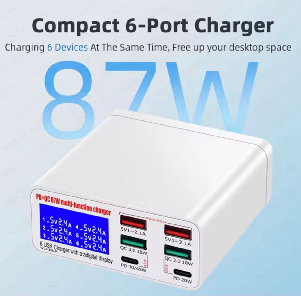 🔌 شاحن ذكي متعدد المنافذ – 87 واط 🔋